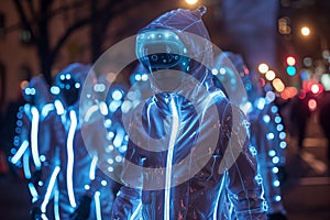 Blue Neon Lights Outlining Modern Figures in a Night Urban Parade