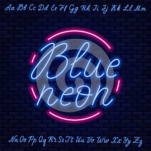 Blue neon script. Uppercase and lowercase letters.