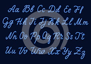 Blue neon script. Uppercase and lowercase letters.