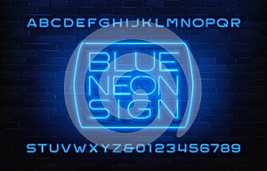Blue Neon Sign alphabet font. Glowing neon color letters and numbers. Brick wall background.
