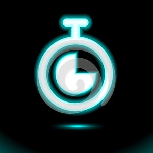 Blue Neon Stopwatch, chronometer neon icon. Simple sign button light, symbol for design on black background. Fluorescent vector,