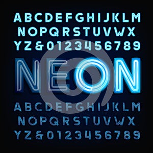 Blue neon tube alphabet font. Light turn on and off.