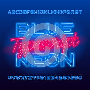 Blue Neon typescript. Blue color light bulb capital letters and numbers.