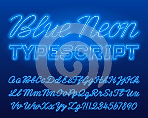 Blue Neon typescript. Blue color lowercase and uppercase shiny letters and numbers.