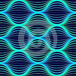 Blue neon waves seamless pattern.. Background with glowing 80s retro vapor wave style