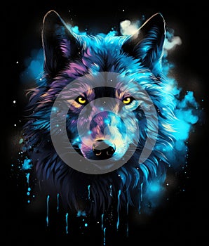 Blue neon wolf on black poster illustration.