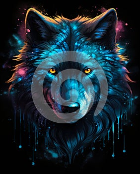 Blue neon wolf on black poster illustration.