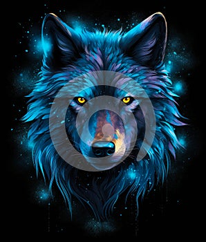 Blue neon wolf on black poster illustration.