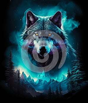 Blue neon wolf in the mountains on black poster illustration.