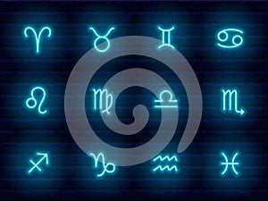 Blue neon zodiac signs set