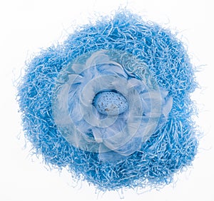 blue nest with Easter eggs with feathers on blue background