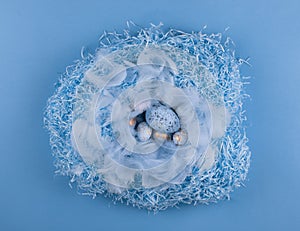 blue nest with Easter eggs with feathers on blue background