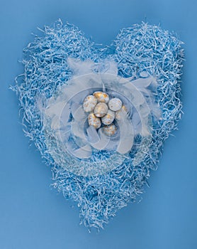 blue nest with Easter eggs with feathers on blue background