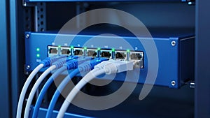 Blue Network Switch with Multiple Connected Cables