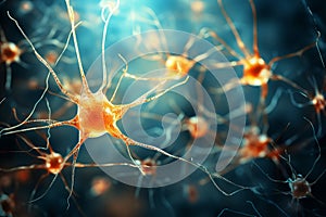 Blue neuron microscopy. laboratory investigation for neuroscience research and scientific analysis