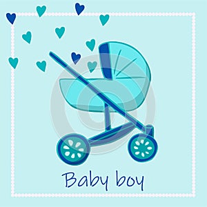 Blue newborn carriage with flying hearts from it. photo