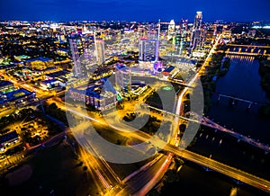 Blue Night Aerial Austin Texas Night Cityscape Over Town Lake Bridges Urban Capital Cities Colorful Cityscape