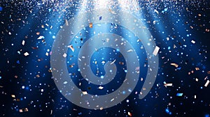 Blue night explosion with falling confetti, abstract celebration background