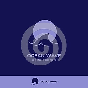 Blue night sea tide ocean wave logo icon symbol with midnight moon silhouette icon symbol illustration vector
