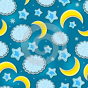 Blue Night Sky Seamless Pattern with Star, Cloud