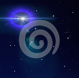 Blue night  starry sky and big moon  starrs flare light  background