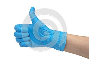 Blue nitrile medical gloves on hands isolated on the white