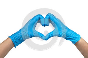 Blue nitrile medical gloves heart on hands isolated on the white