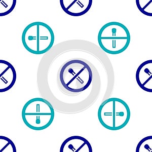 Blue No fire match icon isolated seamless pattern on white background. No open flame. Burning match crossed in circle