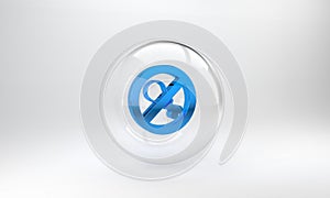 Blue No meat icon isolated on grey background. No fast food allowed - vegetarian food. Glass circle button. 3D render
