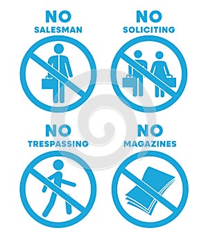 Blue No soliciting no salesman no trepassing and no magazines sign set illustration