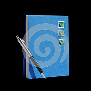 Blue notebook with checkmarks and pen