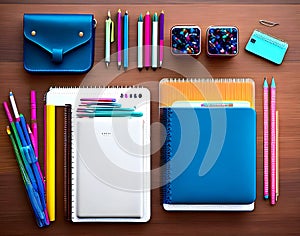 A blue notebook with the word lenovo on it. School