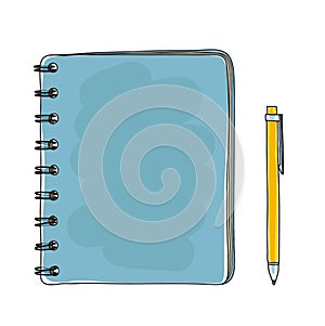 Blue notebook and yellow pen hand drawn vector art illustration