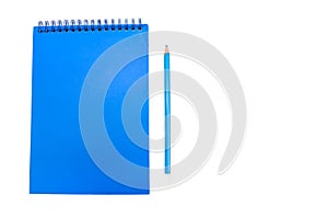 Blue notepad and blue pencil isolated on white background. Copy space