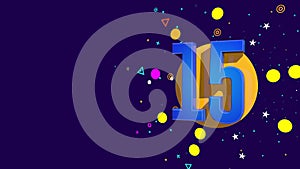 Blue number 15 on an orange circle spewing stars, circles, triangles against dark purple background