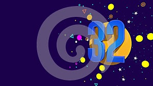 Blue number 32 on an orange circle spewing stars, circles, triangles against dark purple background