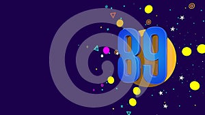 Blue number 89 on an orange circle spewing stars, circles, triangles against dark purple background