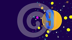Blue number 9 on an orange circle spewing stars, circles, triangles against dark purple background