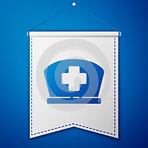 Blue Nurse hat with cross icon isolated on blue background. Medical nurse cap sign. White pennant template. Vector
