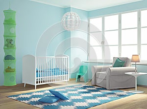 Blue nursery baby room with rug