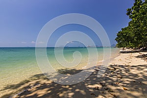 Blue ocean beach and shadow of palm on water in phangan island