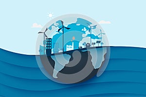 Blue ocean and eco city background.Ecology and Environment conservation resource sustainable concept.Vector illustration