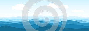 Blue ocean or sea waves. Realistic vector ocean waves and sky with clouds on wide background. Abstract blue sea waves.