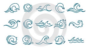 Blue ocean sea waves set. Line icons, logos vector
