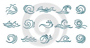 Blue ocean sea waves set. Line icons, logos vector