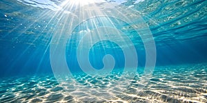 Blue ocean underwater sun rays background. Blue ocean underwater sun rays with bottom reflections background