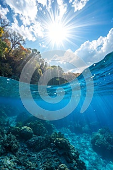Blue ocean underwater sun rays background