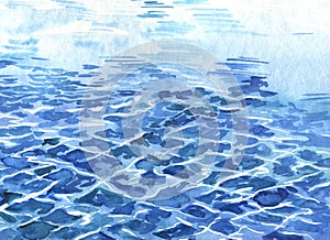 Blue ocean watercolor waves. Hand drawn illustration.