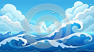 Blue ocean wave and cloud modern background. Sea cartoon panoramic landscape with horizon skyline. Water splash and foam