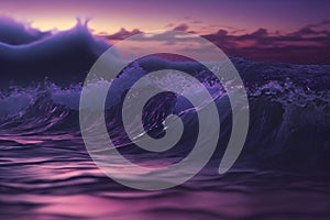 Blue ocean wave with purple sunset sky background. 3D Rendering